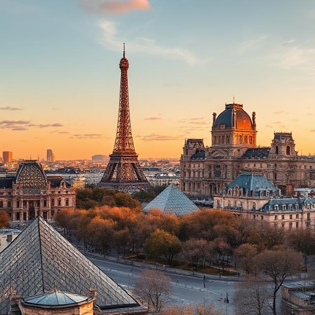 1183f4d8-4c1a-4f4c-8694-e22119101af8 Panoramic view of Paris with Eiffel Tower, Louvre Museum, and Notre Dame Cathedral at sunset.