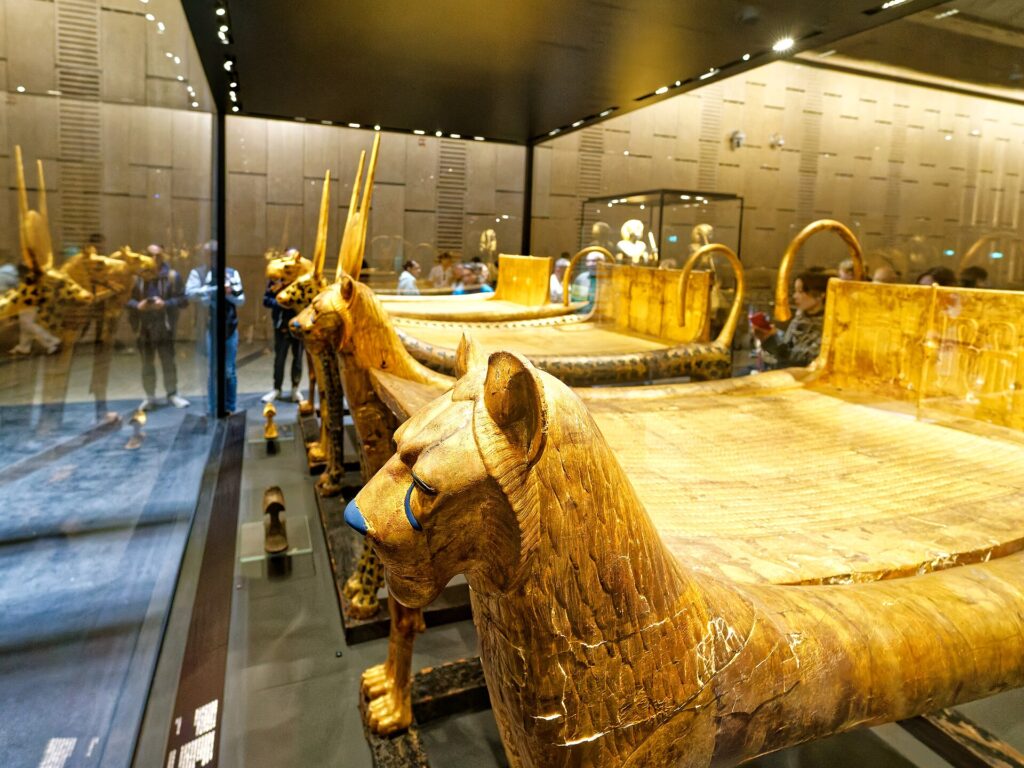 Gilded funerary objects in the complete Tutankhamun galleries at the Grand Egyptian Museum
