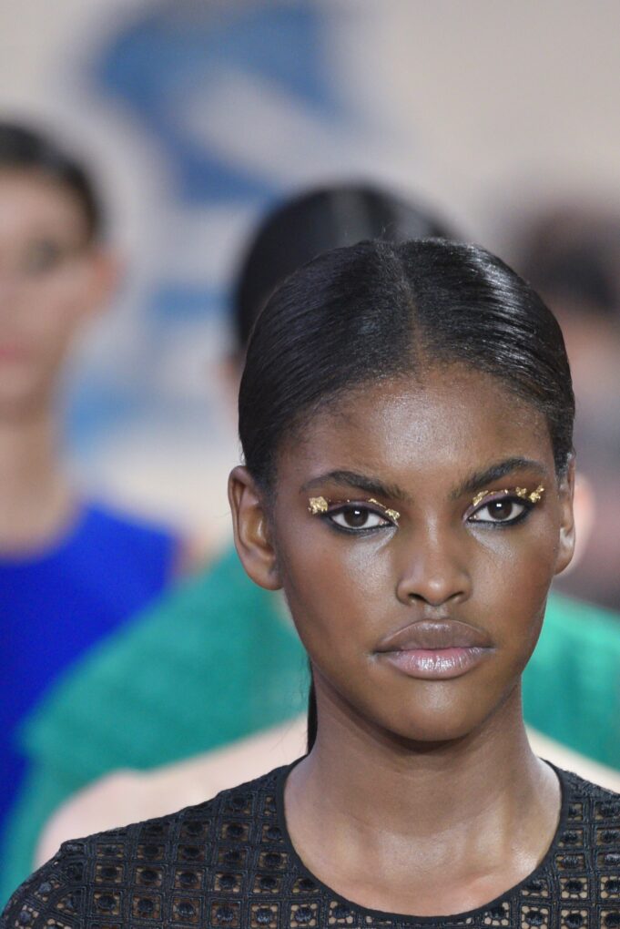 Runway Beauty at Women's Paris Fashion Week Model Amilna Estevao with dramatic runway makeup at Women's Paris Fashion Week