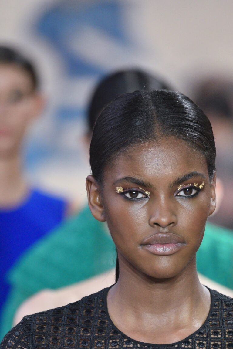 Model Amilna Estevao with dramatic runway makeup at Women's Paris Fashion Week