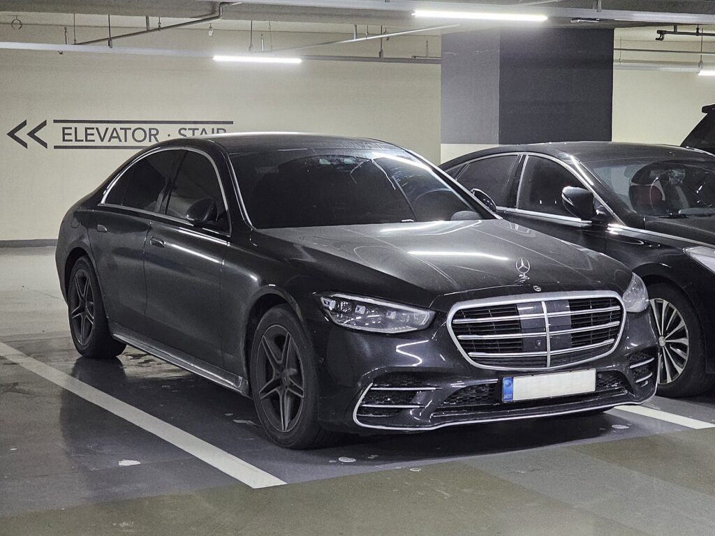 Modern black Mercedes S-Class prepared for VIP chauffeur and official delegation transport