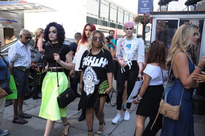 Colourful street style crowd outside a New York Fashion Week event