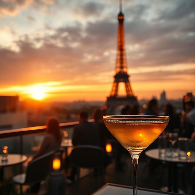 Cocktail on a rooftop bar in Paris with Eiffel Tower view at sunset