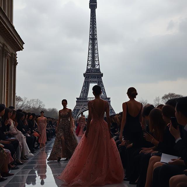 Paris Fashion Week runway show with models and Eiffel Tower backdrop.
