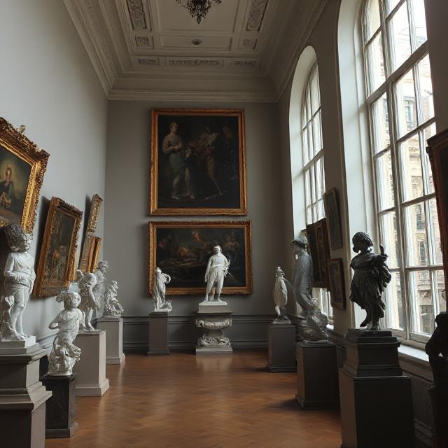 96509405-a87b-4892-8adc-bba56efa54de Interior of a hidden Paris museum with art and sculptures in a quiet setting.