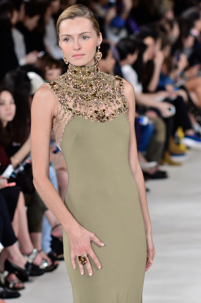 Model Valentina Zelyaeva presenting a Ralph Lauren runway look in New York