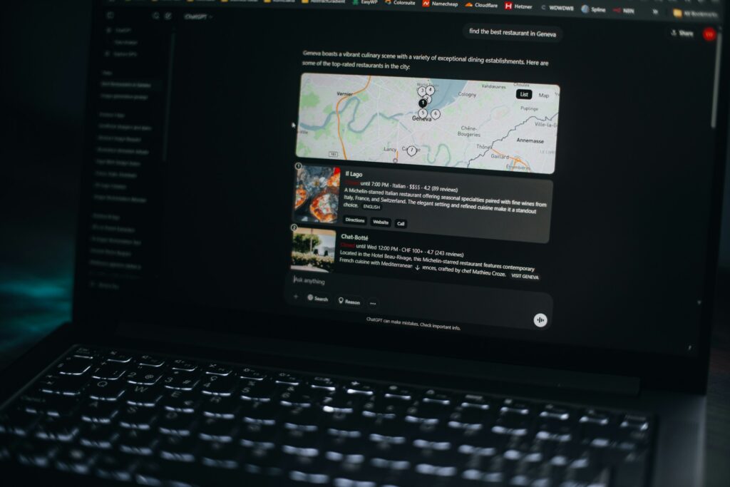 AI travel planning interface displaying a destination map and personalized recommendations