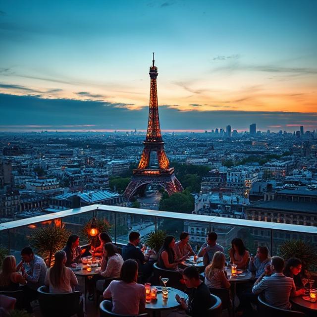bd9082ef-afe9-4459-9857-f82a5c91b1c0 Rooftop bar in Paris with Eiffel Tower view and guests sipping cocktails.
