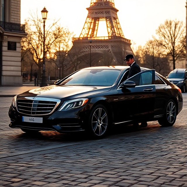 Luxury chauffeur car parked near the Eiffel Tower at sunset, a private guided couple preparing to board