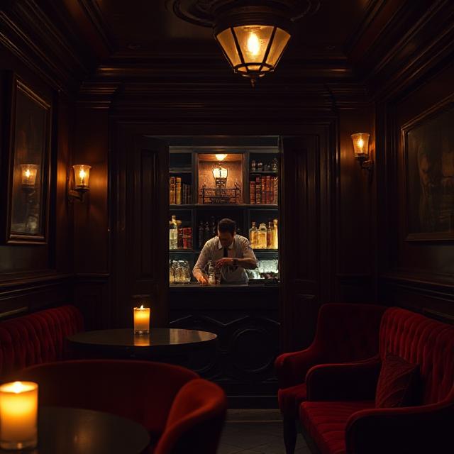 cadc8ef2-d65e-4ca9-892e-d1cc3ea9360a Vintage-style speakeasy bar in Paris with hidden bookshelf entrance and candlelit cocktails