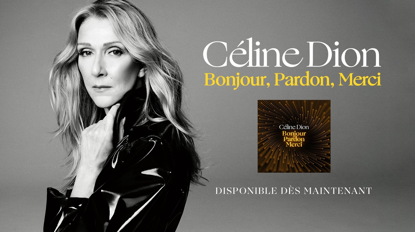 Céline Dion in an elegant monochrome portrait for Bonjour Pardon Merci in 2026