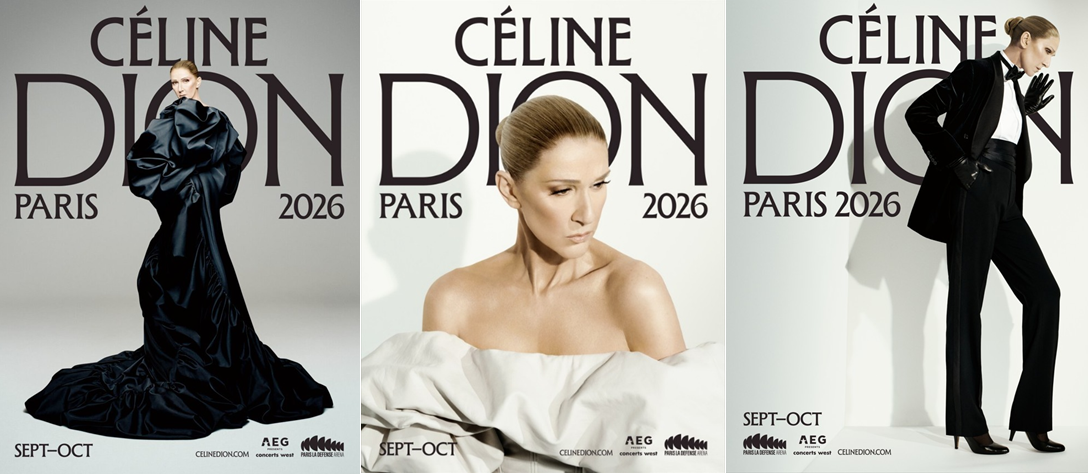 Céline Dion Paris 2026 official campaign showing three elegant concert portraits