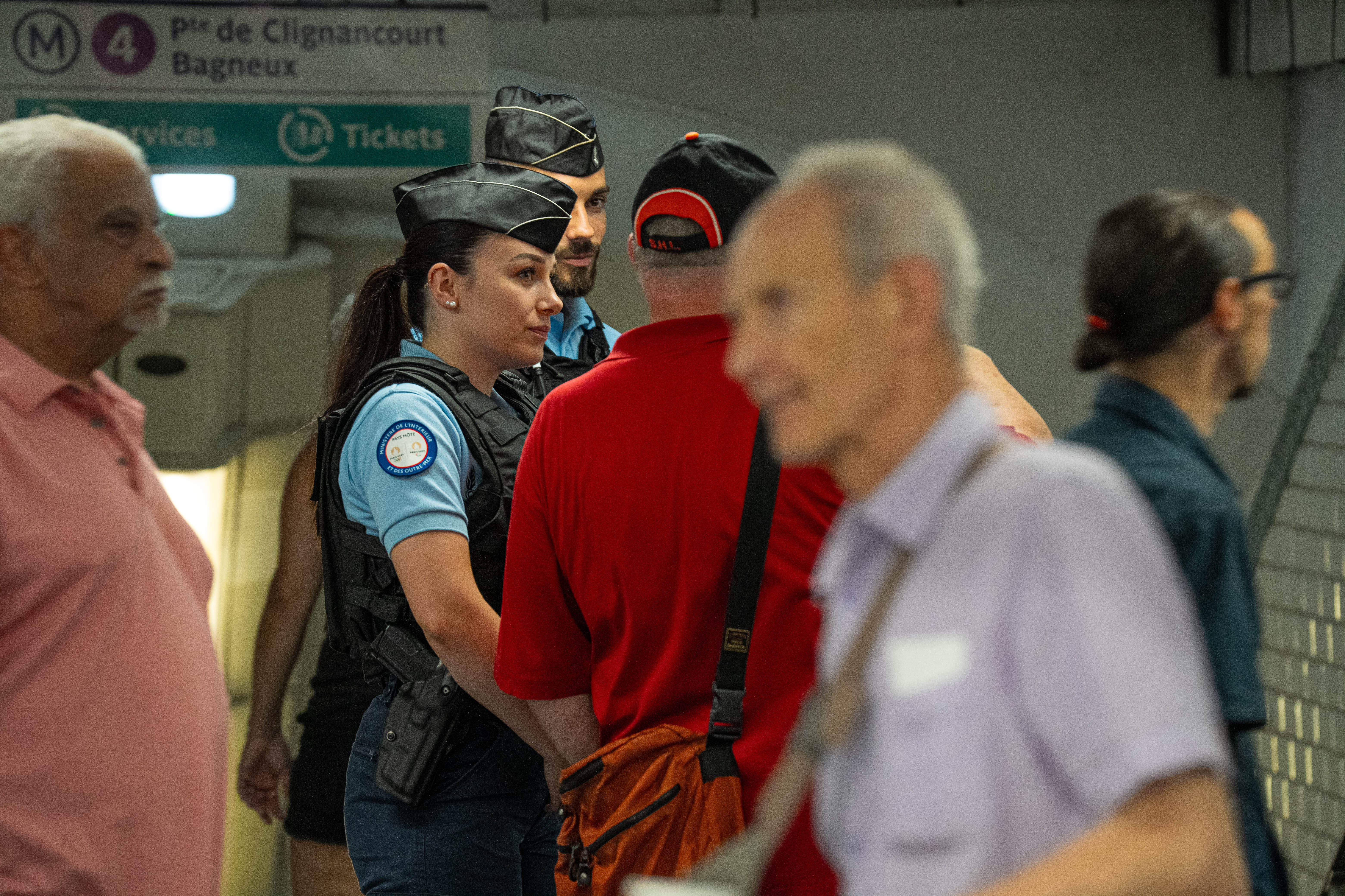 French Gendarmerie patrol travelling with passengers in the Paris Metro