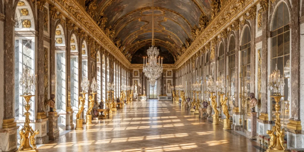 Hall of Mirrors at the Palace of Versailles with gilded arches and restored lighting