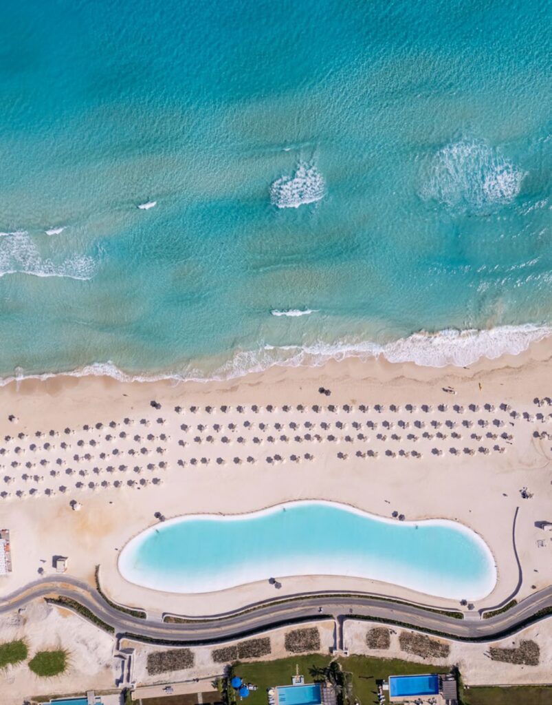 Aerial view of North Beach and turquoise Mediterranean water at Marassi Egypt