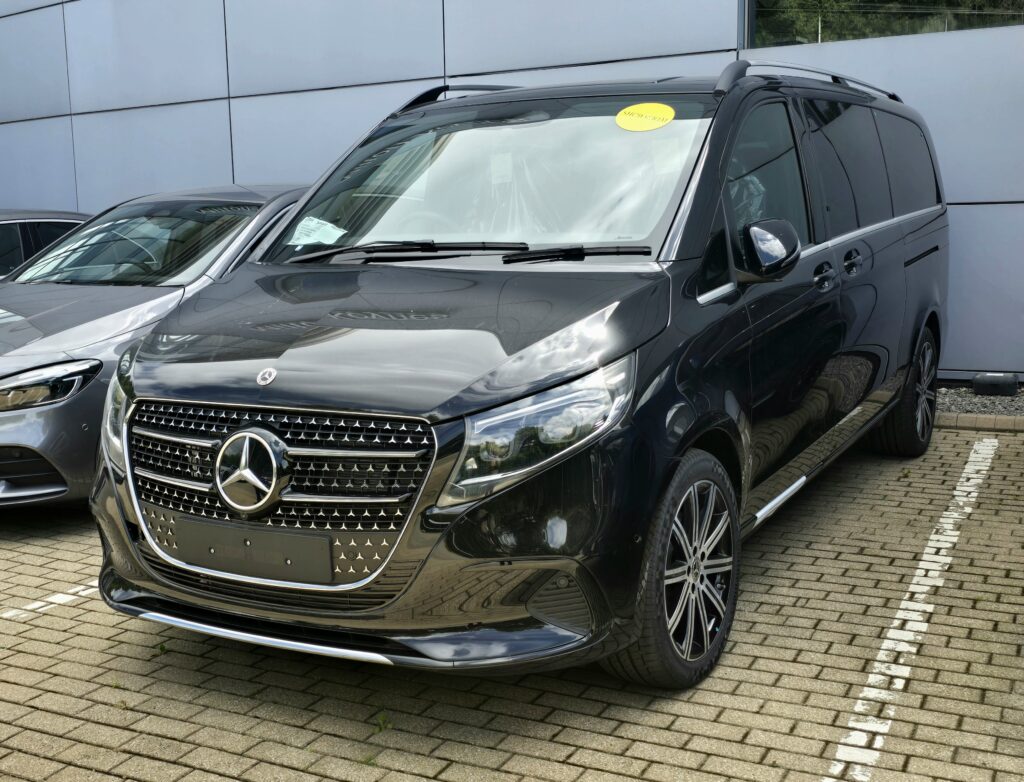 Modern black Mercedes V-Class used for private chauffeur and family luxury travel