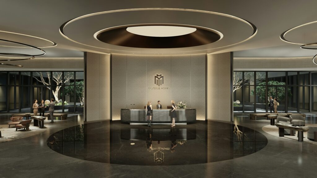 Modern luxury hotel lobby with reception desk for professional concierge service