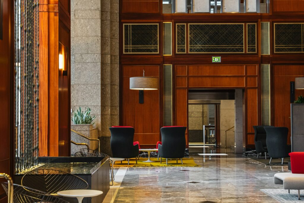 Modern luxury hotel lobby representing Marriott Hilton and global hotel distribution