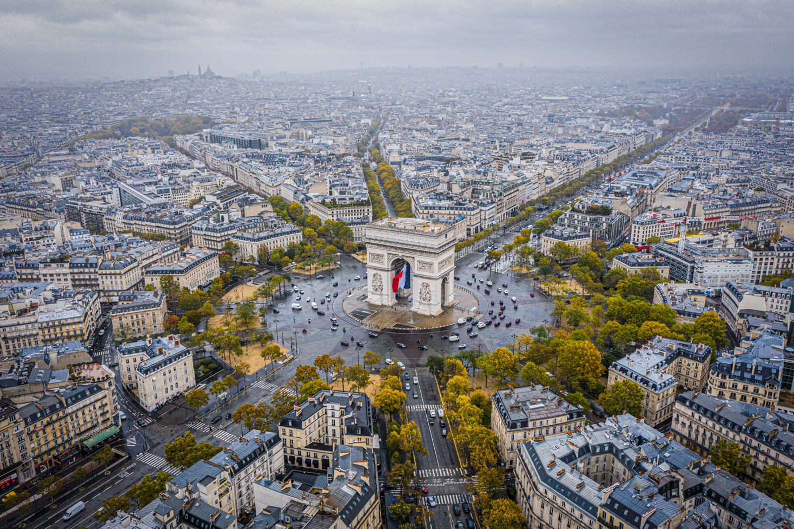 Aerial view of the Arc de Triomphe and central Paris for international students