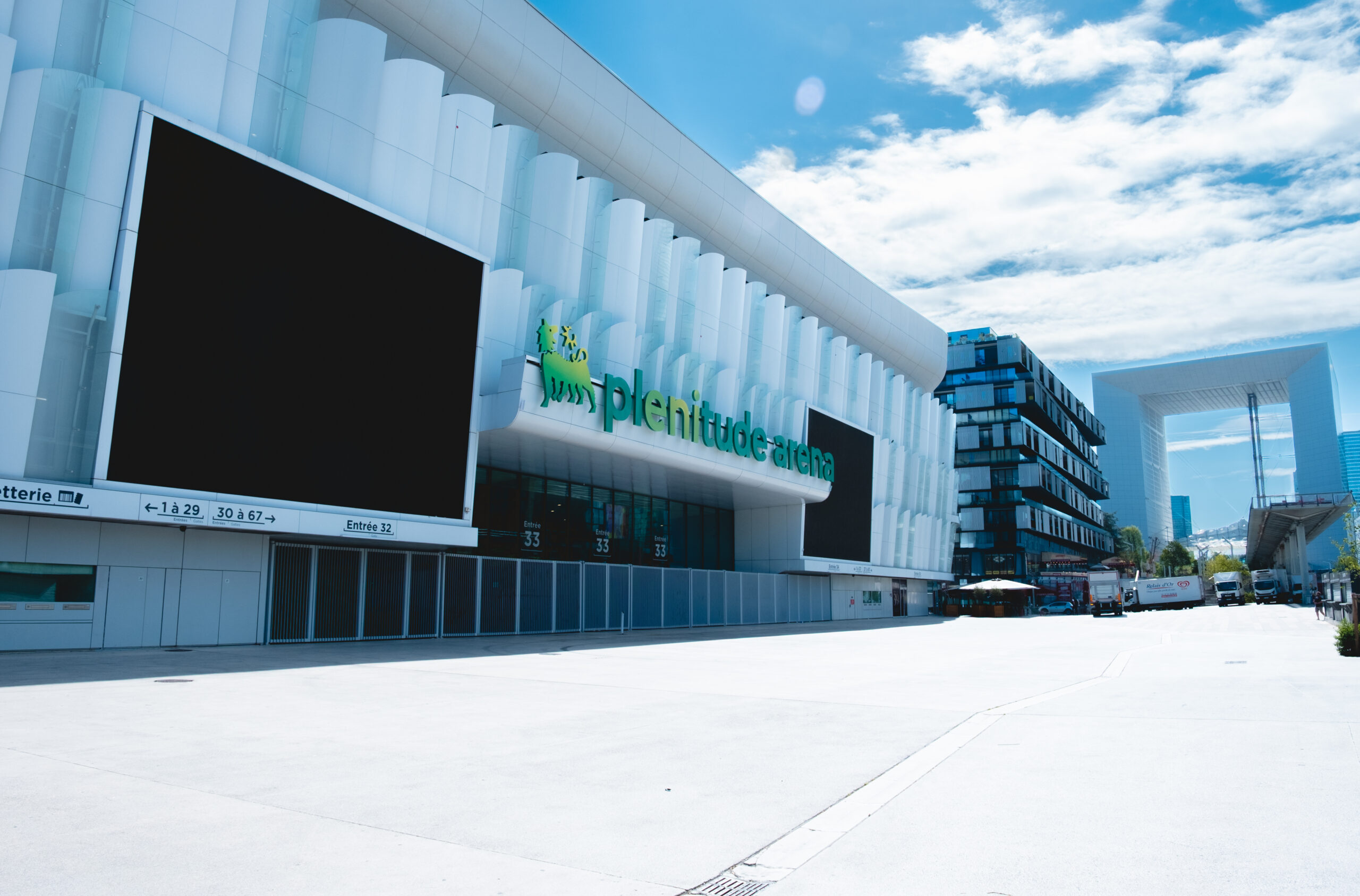 Plenitude Arena exterior at Paris La Défense for Céline Dion concert arrivals