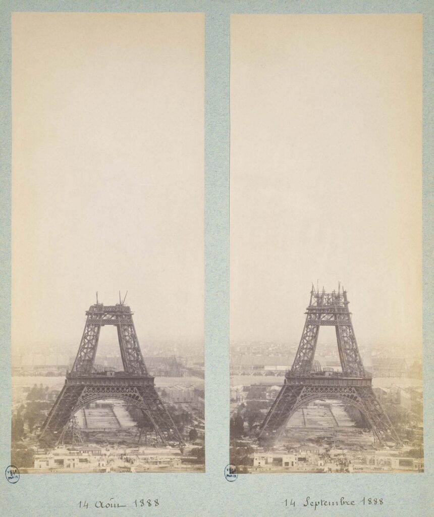 La tour Eiffel en construction vue du Trocadéro le 14 septembre 1888