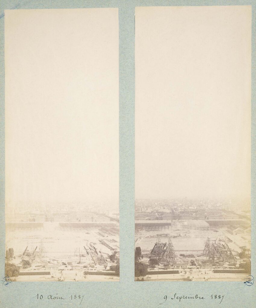Four Eiffel Tower legs at an early construction stage on 10 August 1887
