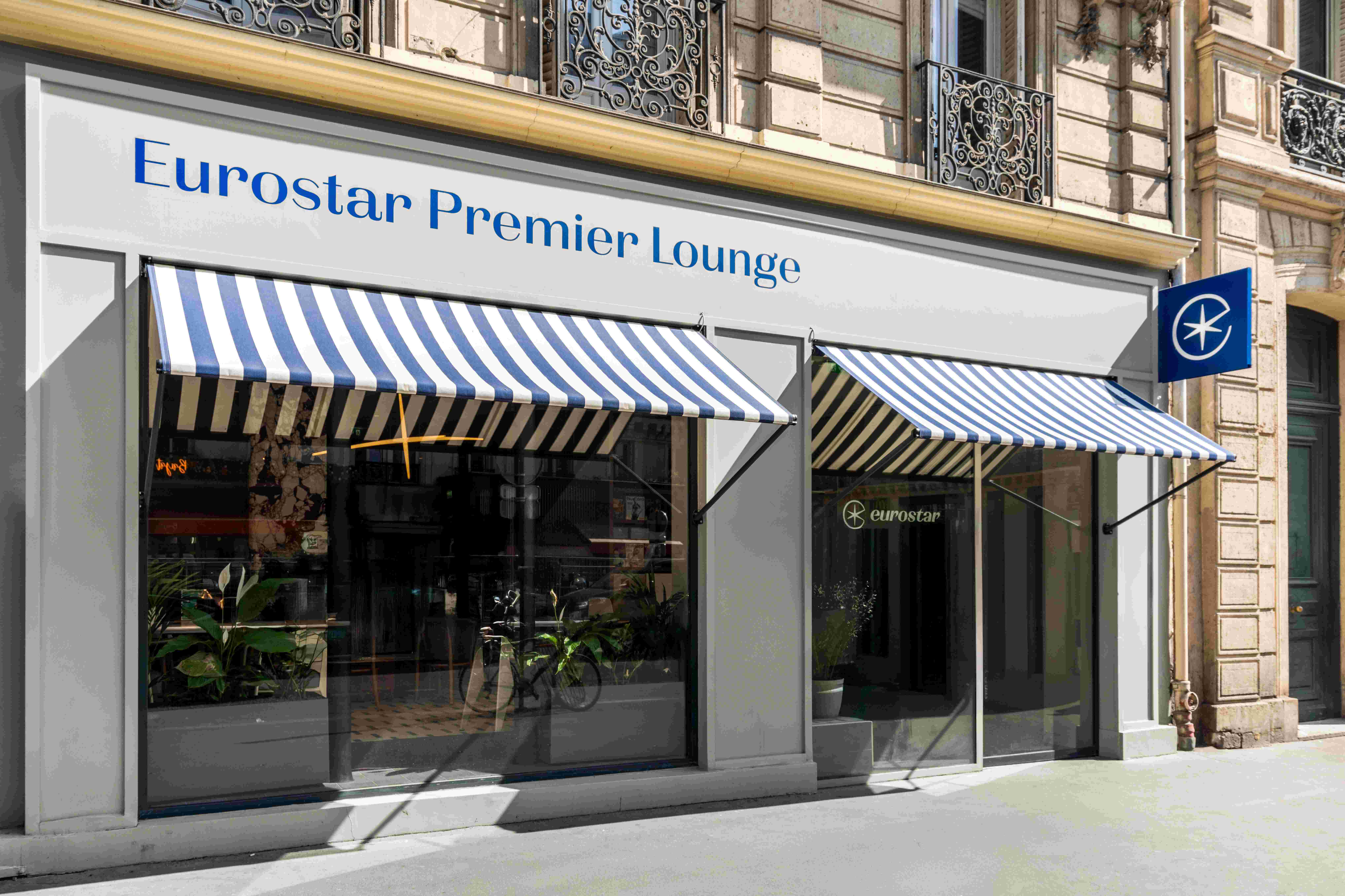 Exterior of the Eurostar Premier Lounge near Paris Gare du Nord with official Eurostar signage