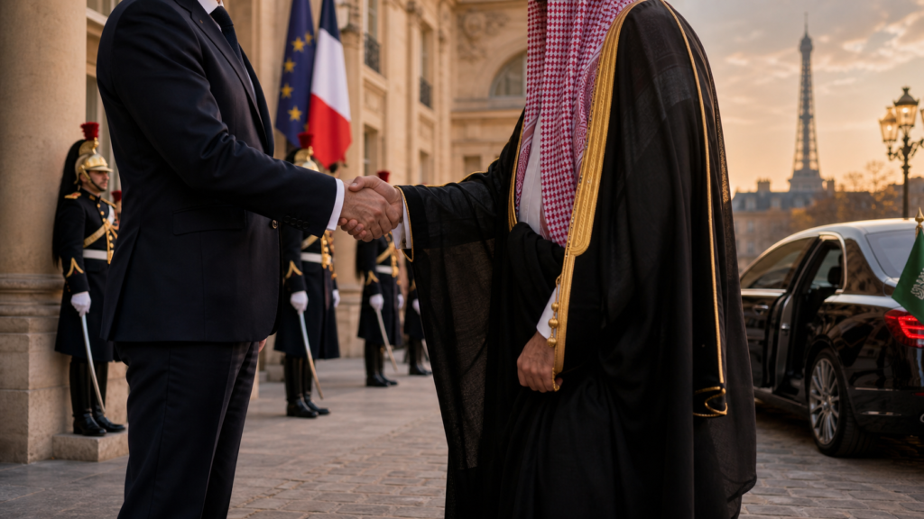 Editorial Illustration of Paris–Saudi diplomatic security context, Eiffel Tower and French and Saudi flags