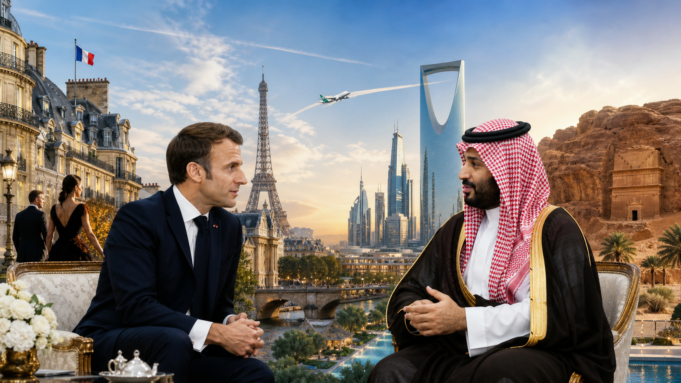 France–Saudi tourism and investment relations editorial illustration Editorial illustration of Emmanuel Macron and Mohammed bin Salman linking Paris, Riyadh and AlUla through tourism and investment.
