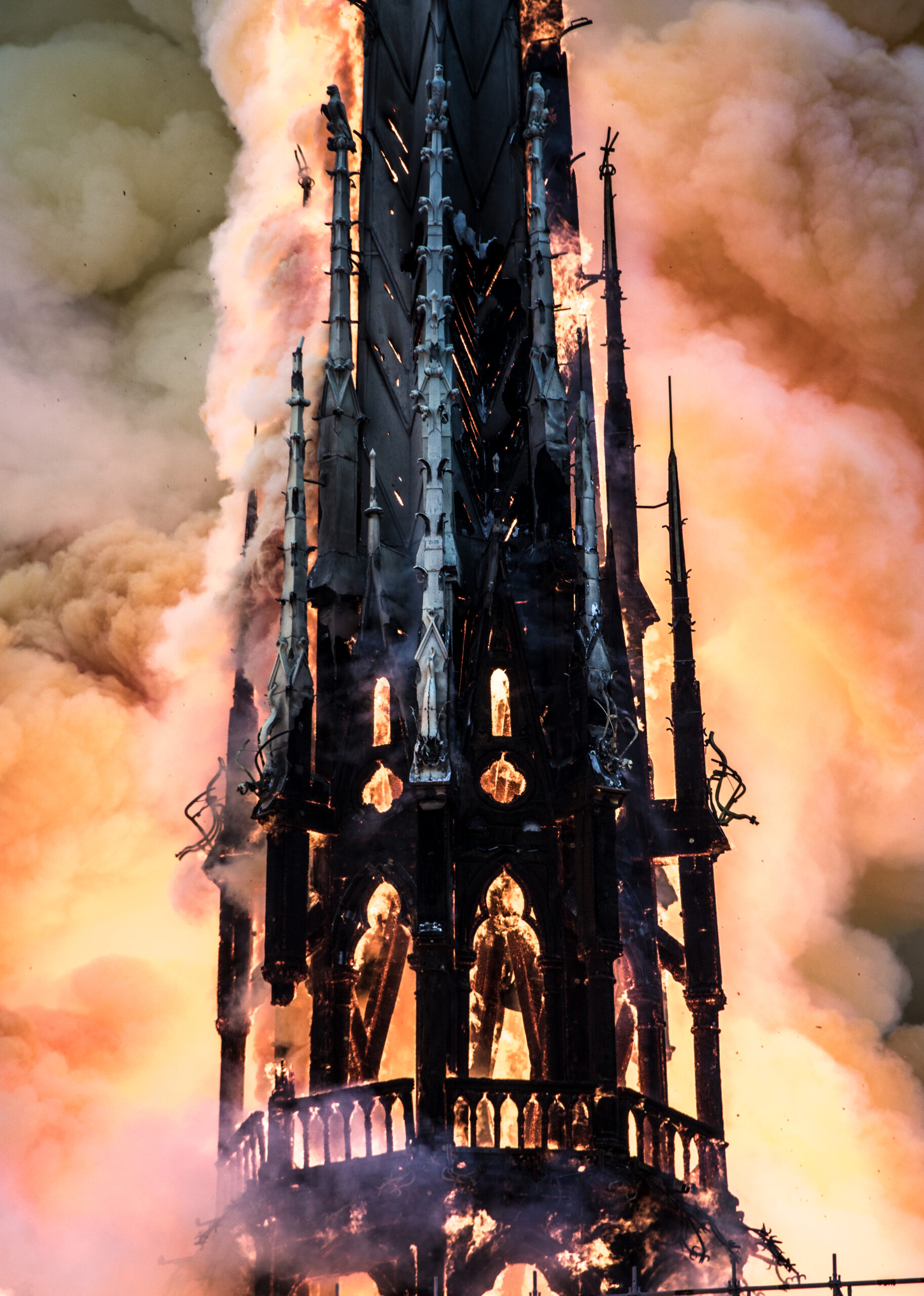 Viollet-le-Duc spire of Notre-Dame engulfed in flames during the 2019 fire