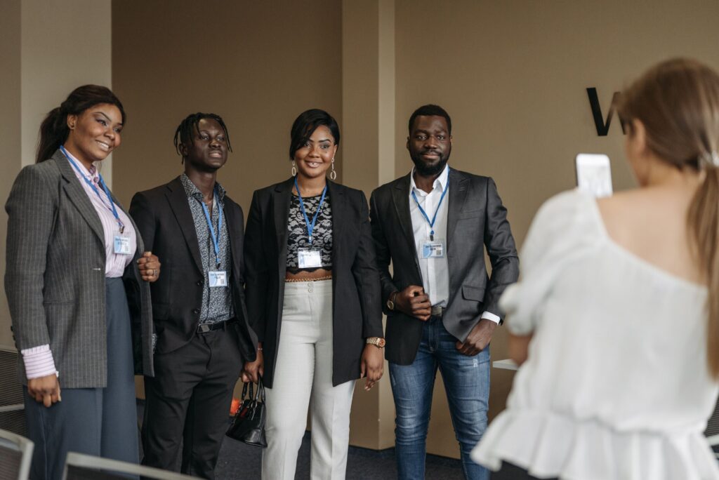 International business partners gathered at a professional conference event