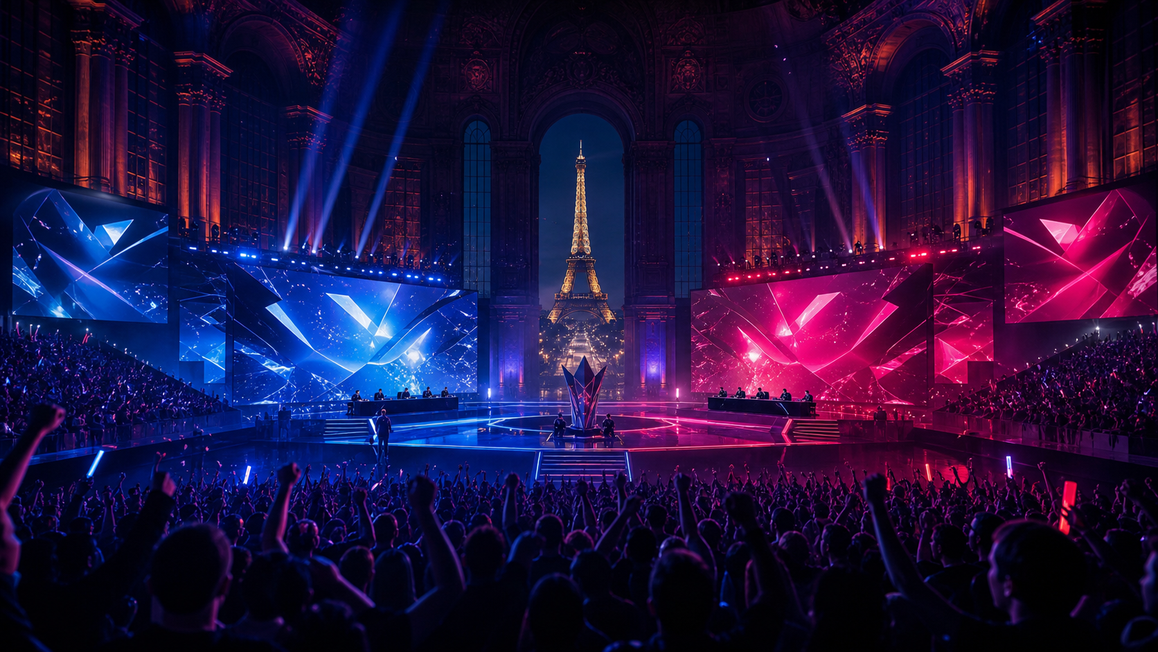 Original editorial illustration: a dramatic esports championship final in Paris.
