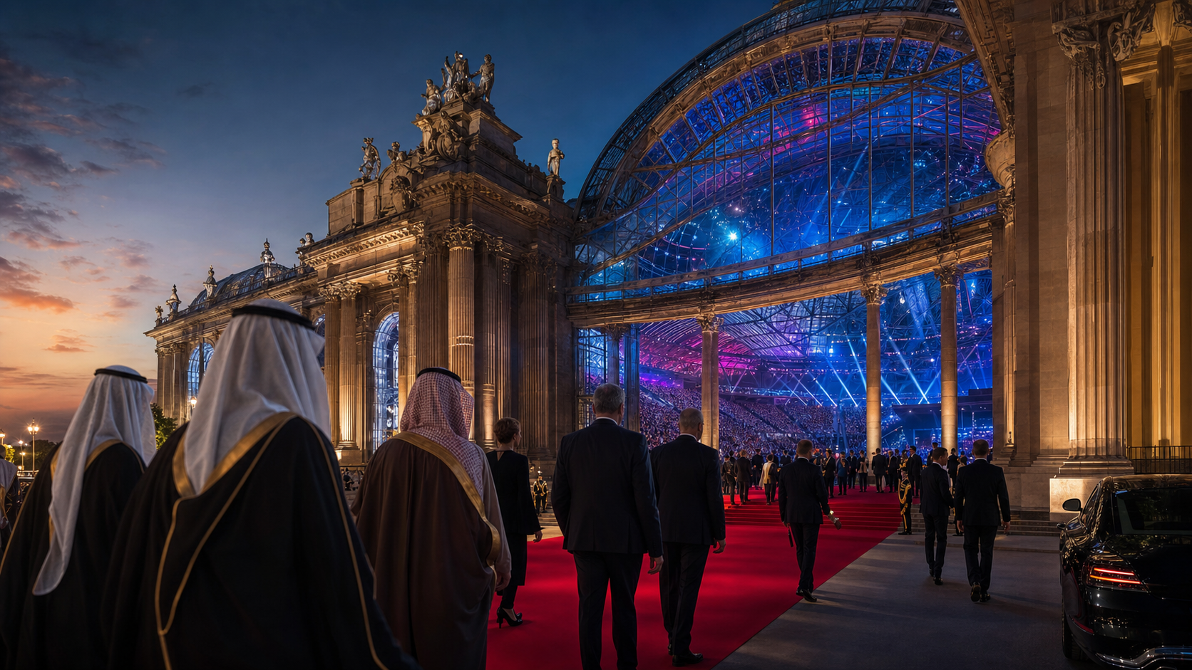 Original editorial illustration of the Esports World Cup closing ceremony in Paris with diplomatic guests