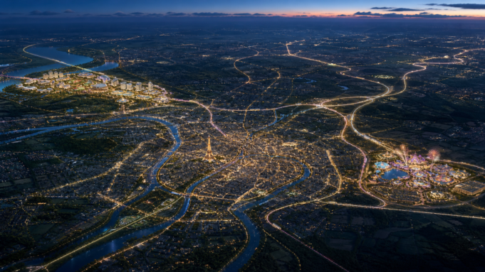 Paris tourism map and Cergy-Pontoise editorial illustration Conceptual aerial editorial illustration of Paris between an eastern theme-park resort and a future Cergy-Pontoise leisure cluster.