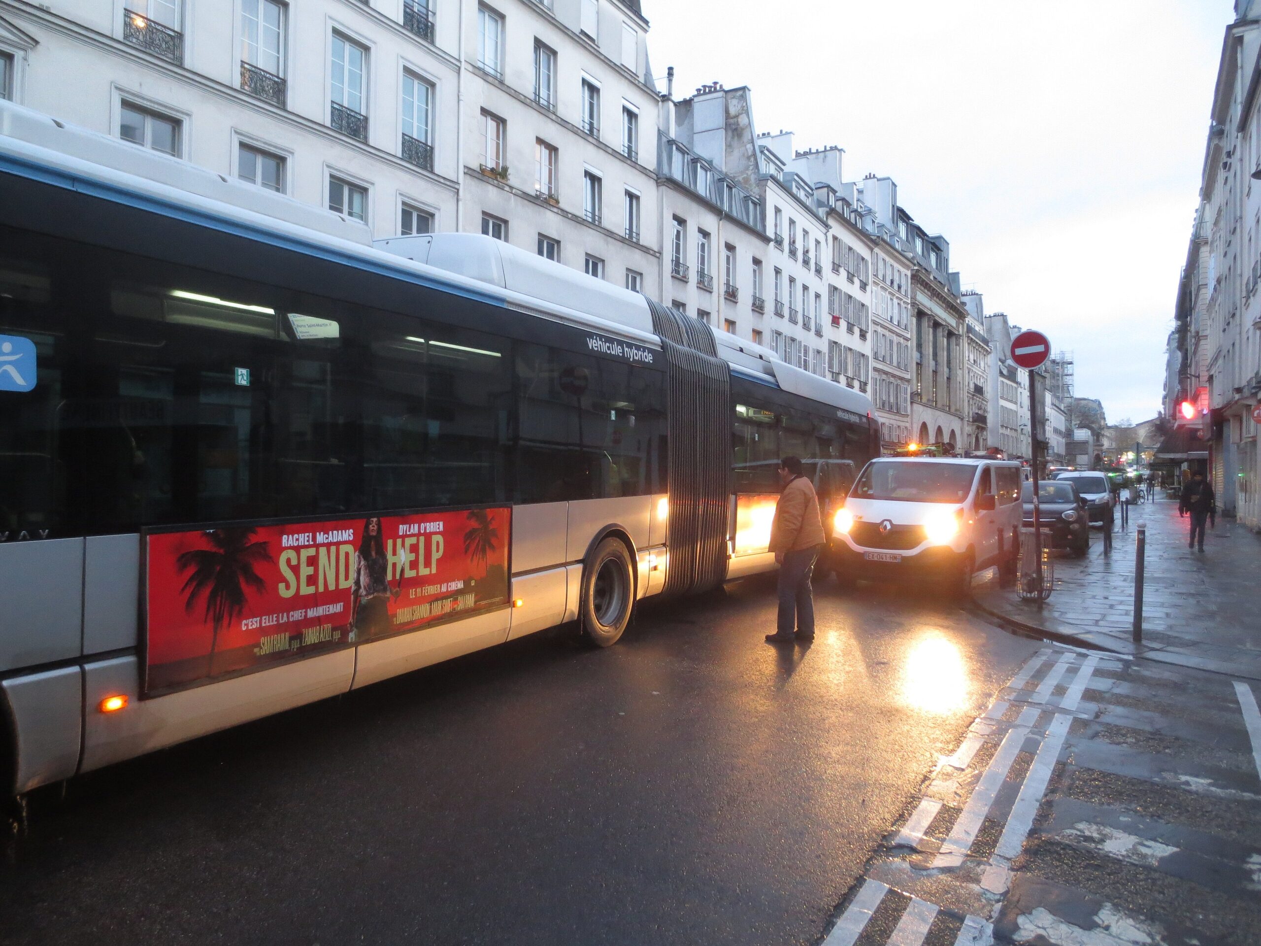 RATP public bus travelling through Paris in February 2026