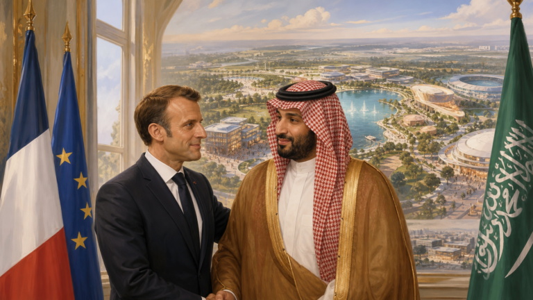 Editorial illustration of Emmanuel Macron and Mohammed bin Salman with a conceptual Cergy-Pontoise leisure destination.