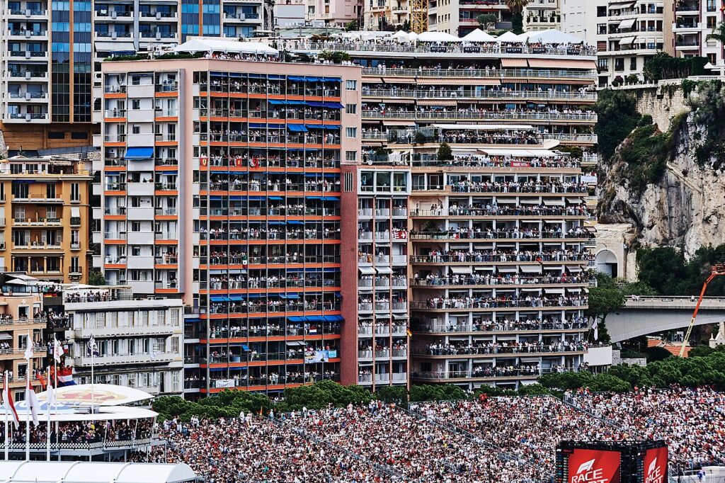 Crowds in grandstands and balconies at the 2023 Monaco Grand Prix