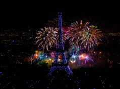 Paris, capitale des événements : quand congrès, mode, sport et culture font vivre la ville Panorama nocturne de Paris et feu d’artifice autour de la tour Eiffel vu de Montparnasse
