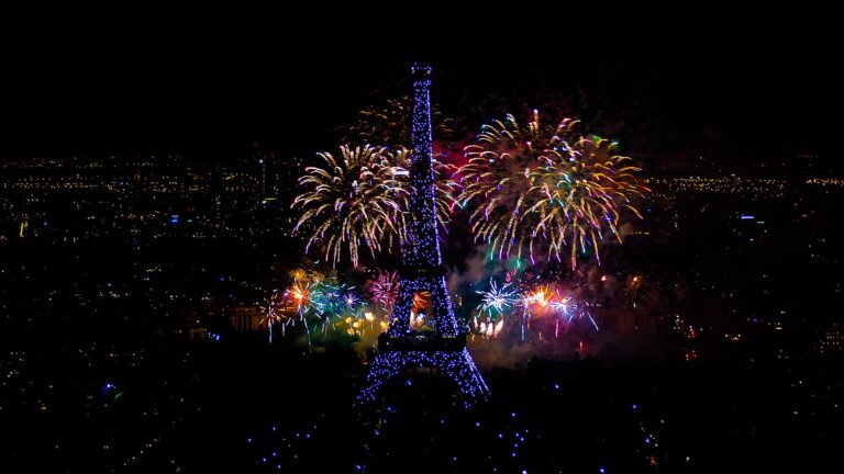 Panorama nocturne de Paris et feu d’artifice autour de la tour Eiffel vu de Montparnasse