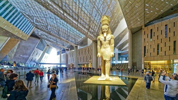 Ramesses II in the Grand Hall — Grand Egyptian Museum Colossal statue of Ramesses II in the Grand Hall of the Grand Egyptian Museum
