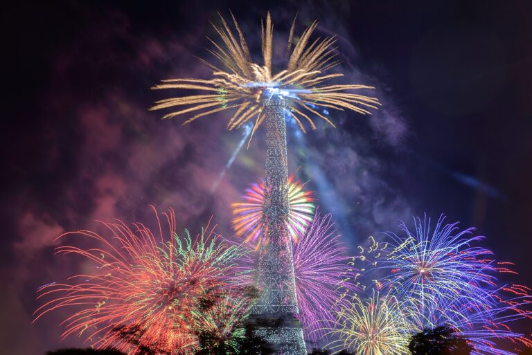 Fireworks exploding around the Eiffel Tower during the Bastille Day celebration in Paris
