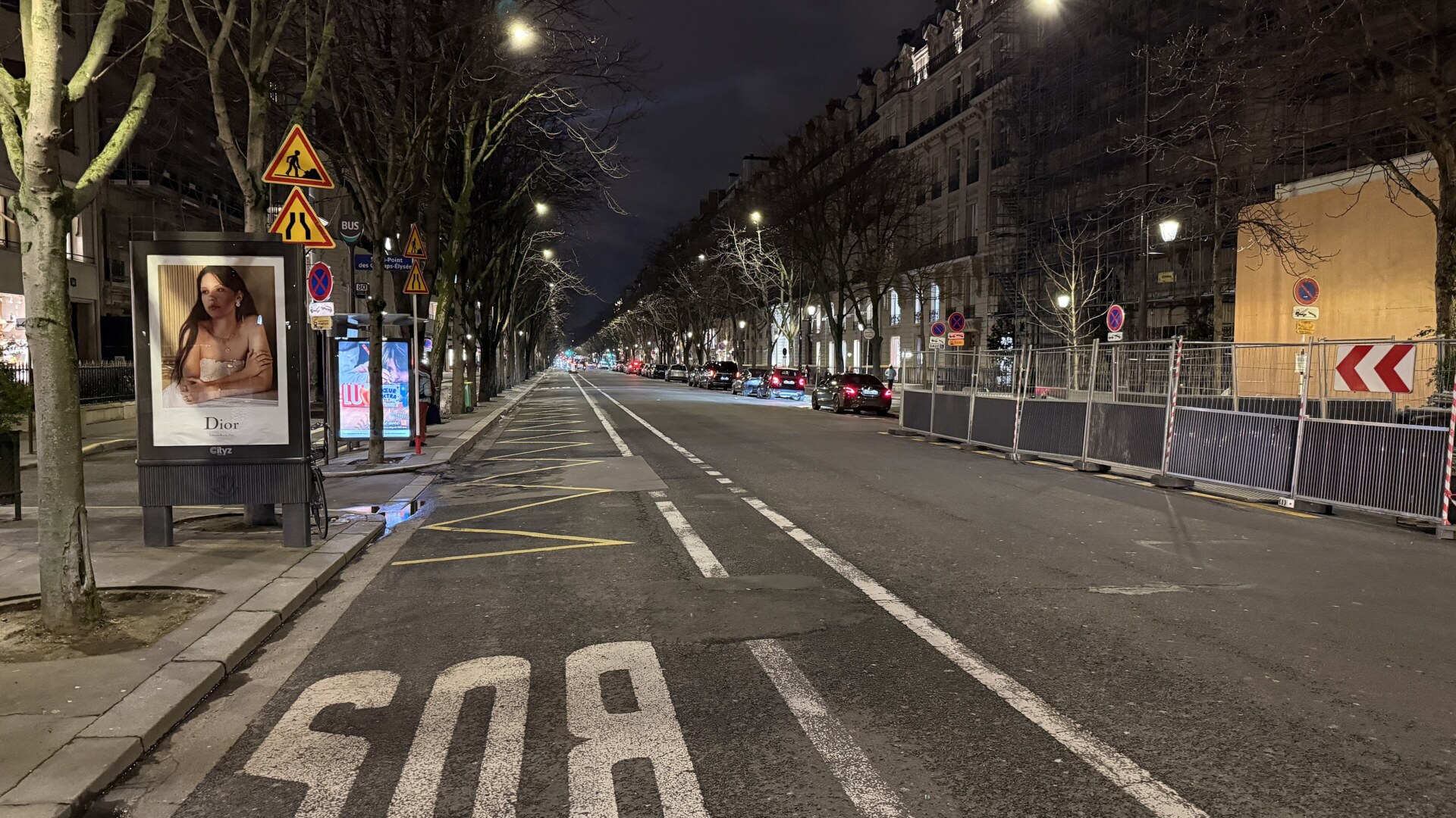 Avenue Montaigne illuminated at night in Paris, February 2026