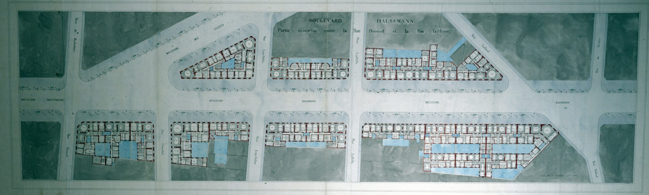 Long 1868 plan showing the proposed extension of Boulevard Haussmann to Boulevard des Italiens