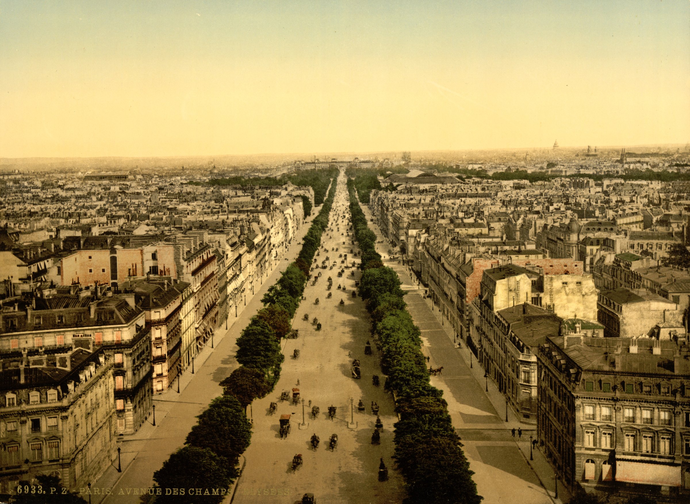 Historic photochrom view down the Champs-Elysees around 1895