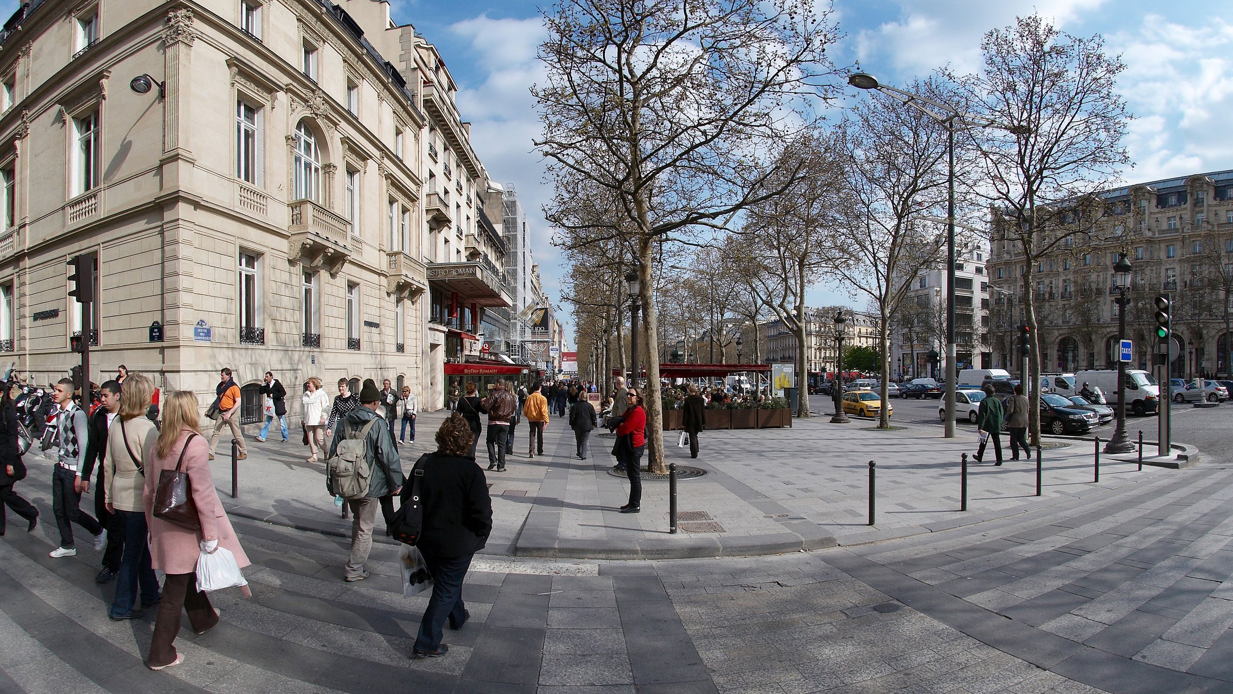 Pedestrian pavement and trees on the Champs-Elysees near Rue Balzac