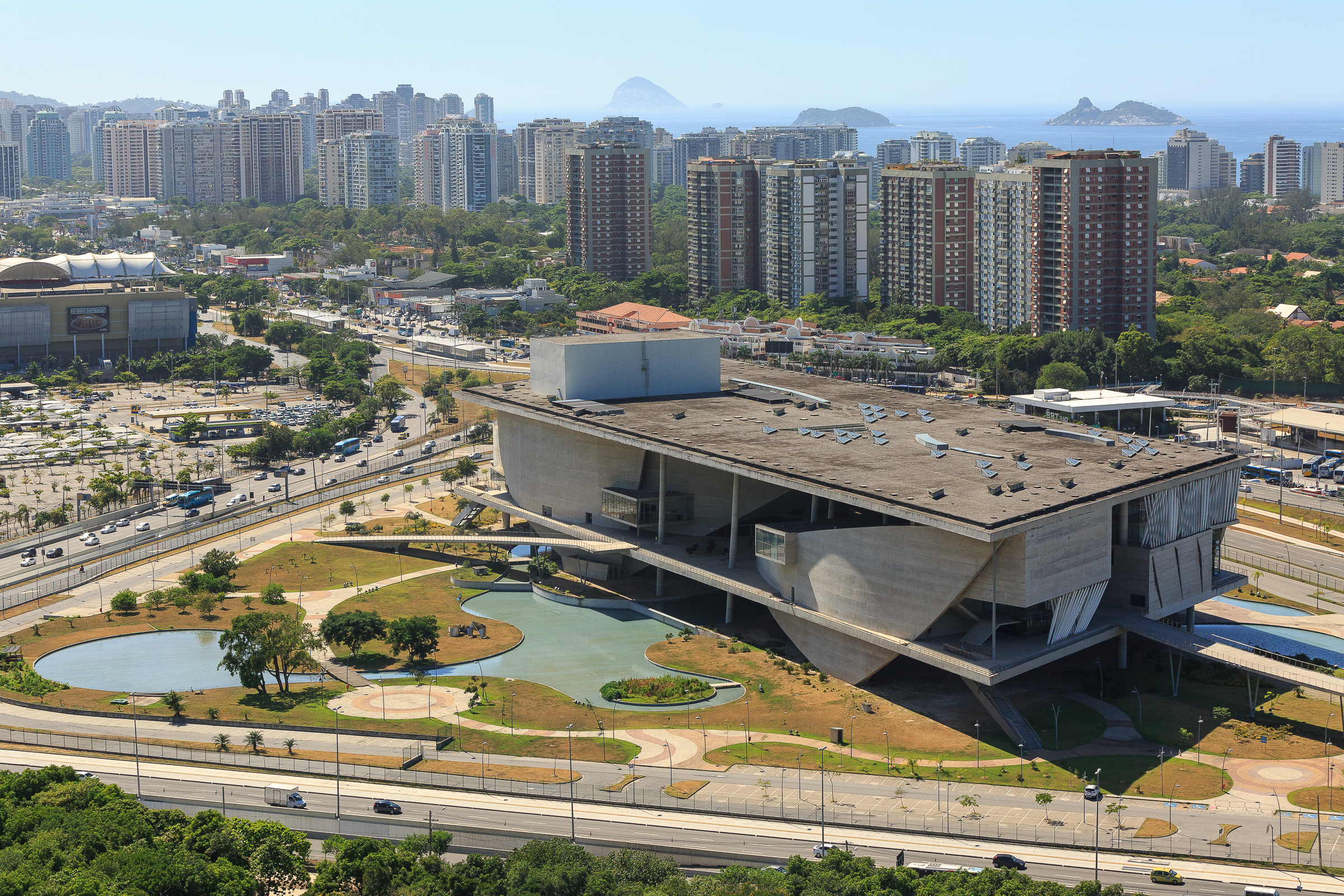 Aerial view of Cidade das Artes in Rio de Janeiro between city, mountains and sea