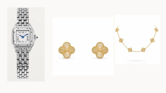 Missing luxury jewellery in Paris — clean reference overview Clear uncropped reference overview of the reported missing Cartier watch and Van Cleef and Arpels jewellery