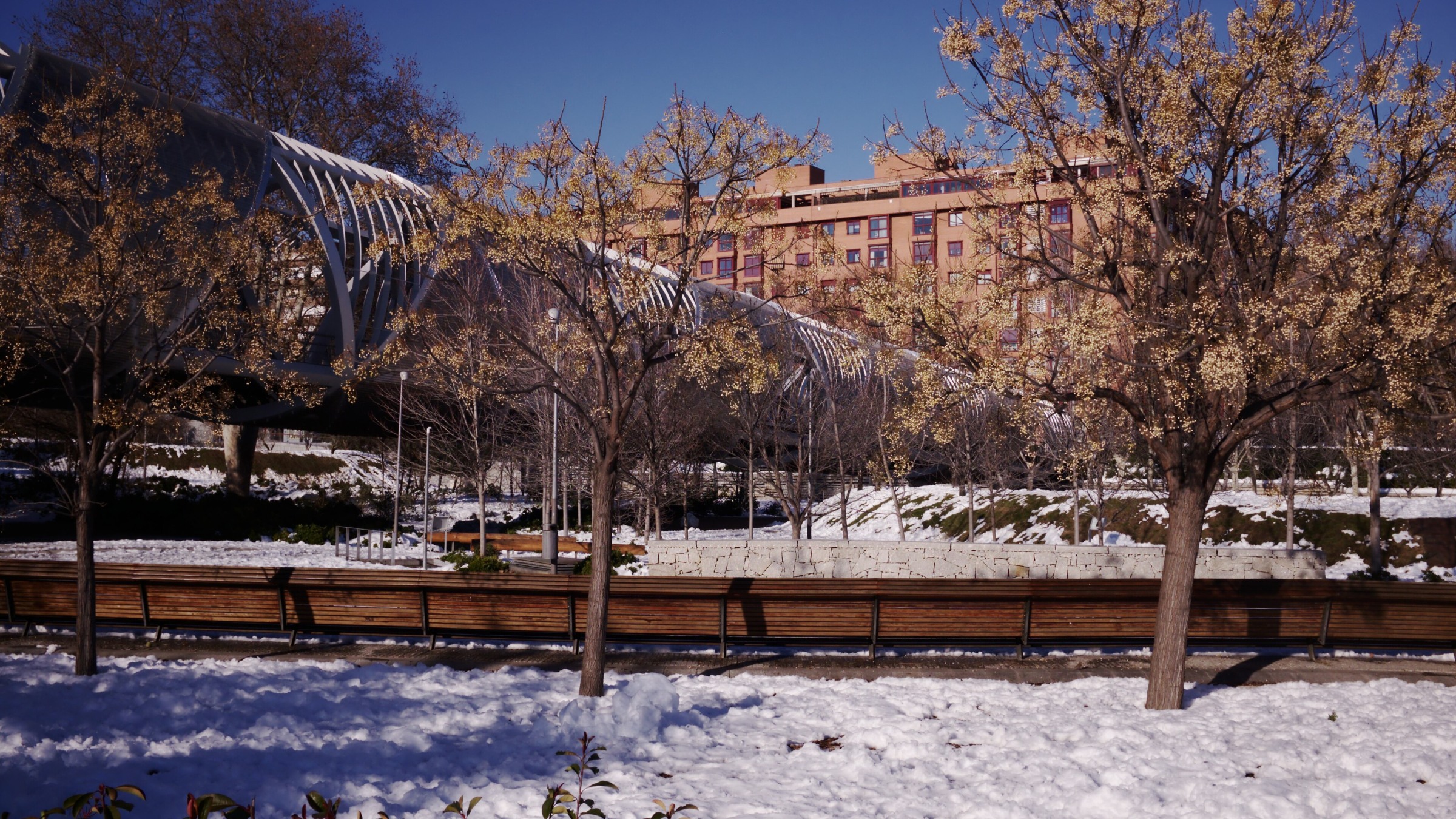 Perforated metal cone of Dominique Perrault’s Arganzuela Footbridge in Madrid Río