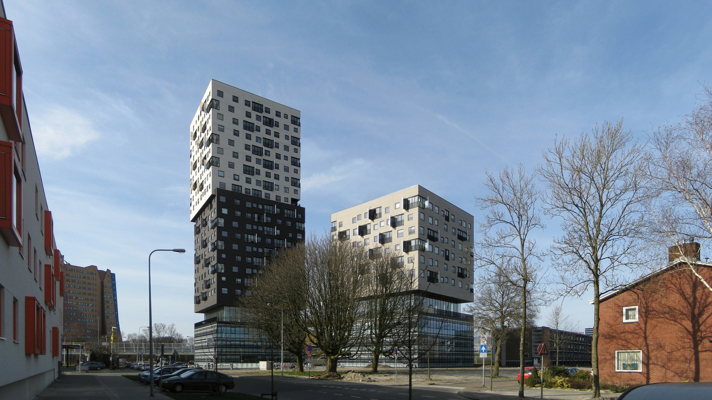 Colourful towers of Dominique Perrault’s La Liberté complex in Groningen