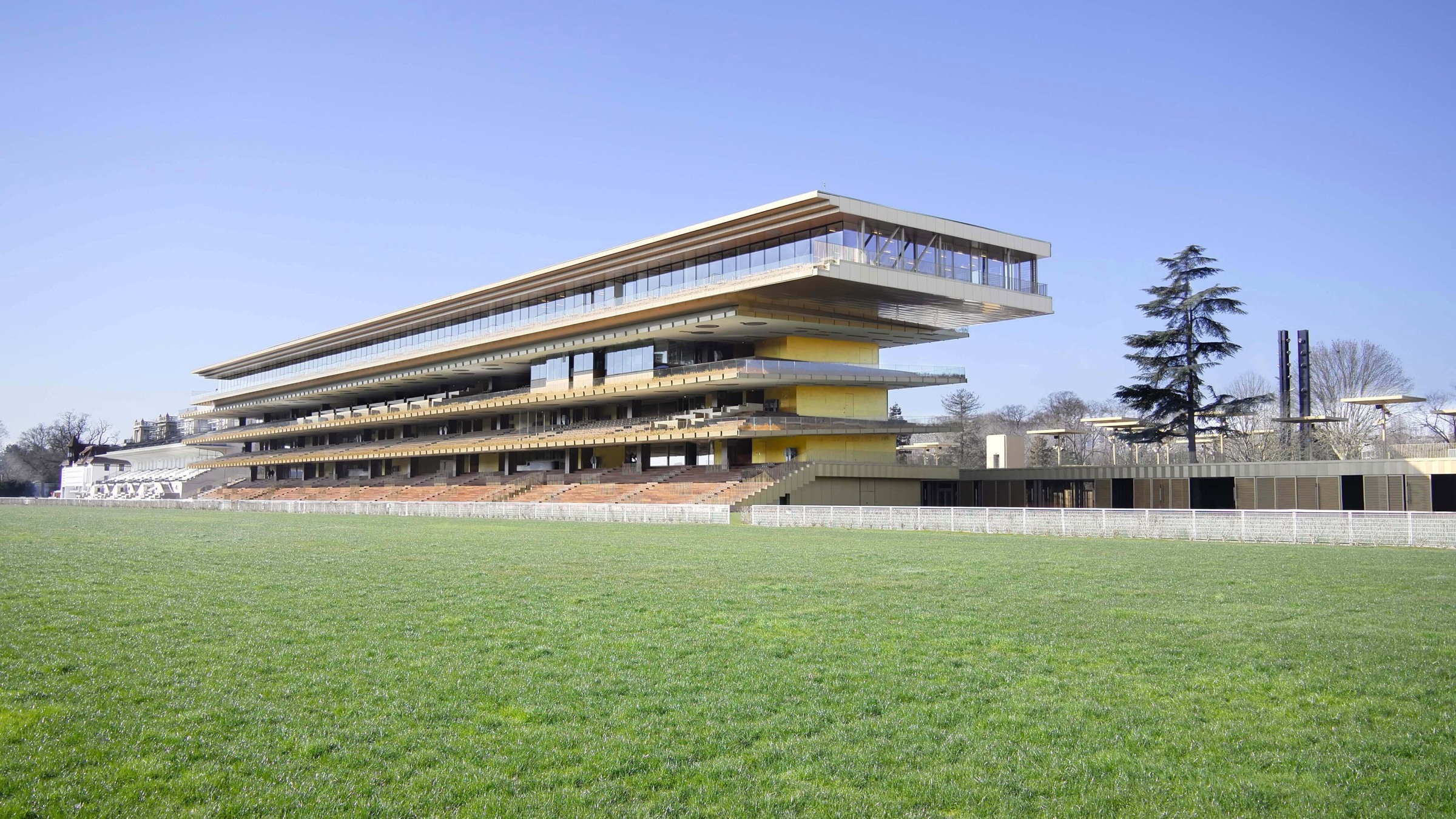 Layered terraces of the ParisLongchamp grandstand designed by Dominique Perrault